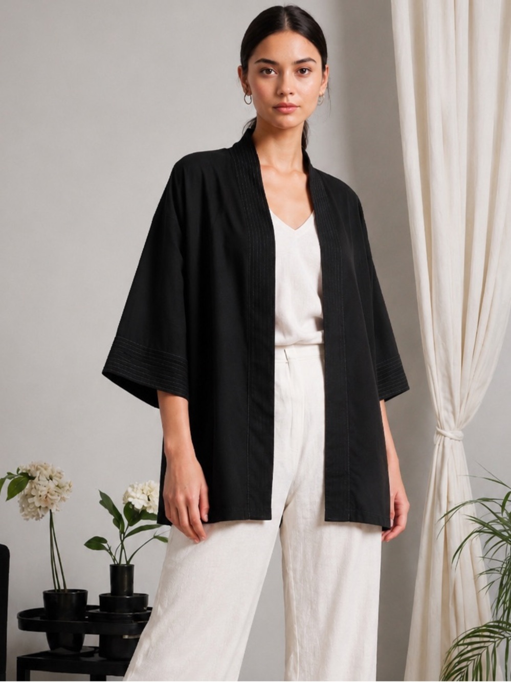 Natori Bi-Stretch Trapunto Stitch Open Front Jacket Black Lagenlook M